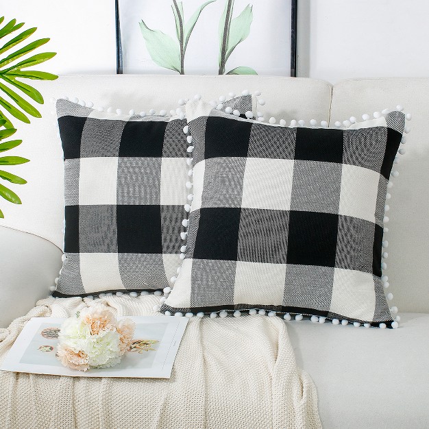 Polyester Buffalo Check Plaid With Pompoms Decorative Pillow Cover Piccocasa