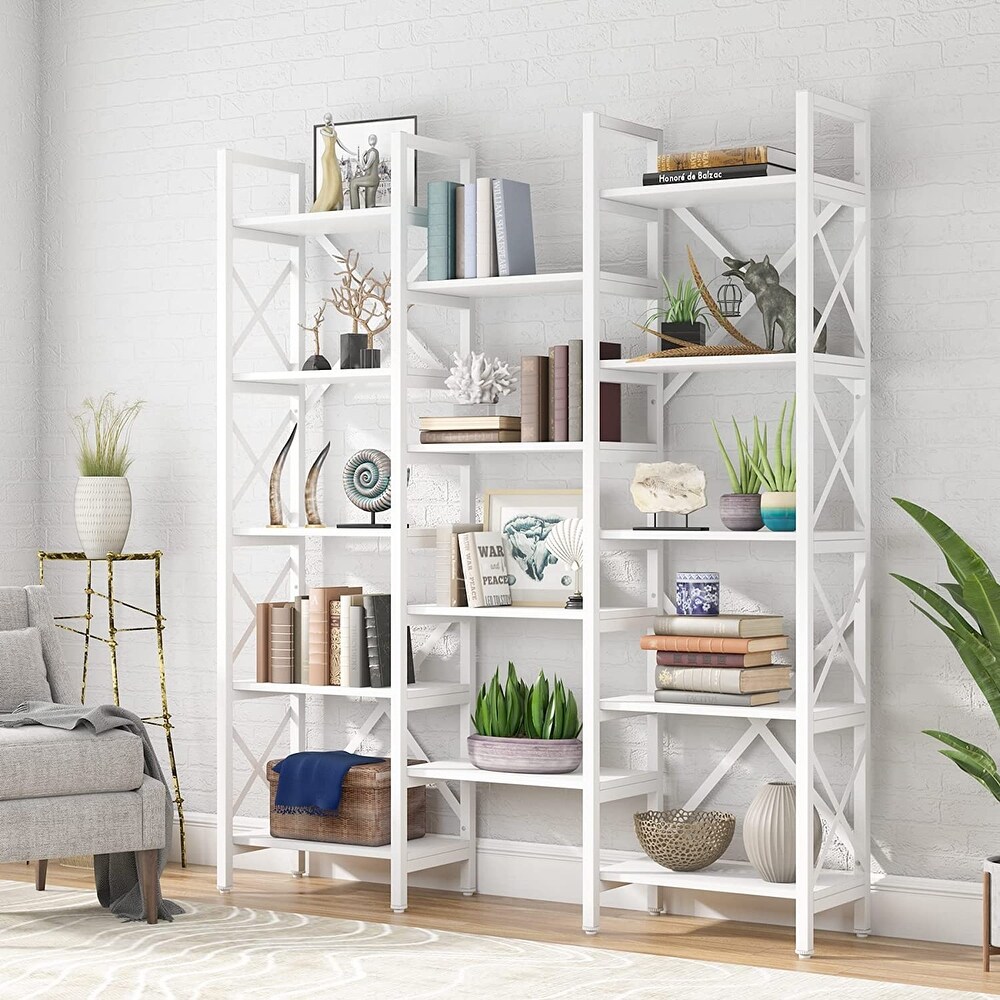 Triple Wide 5 Shelf Bookcase  Etagere Large Open Bookshelf Vintage Industrial Style Shelves Wood and Metal bookcases