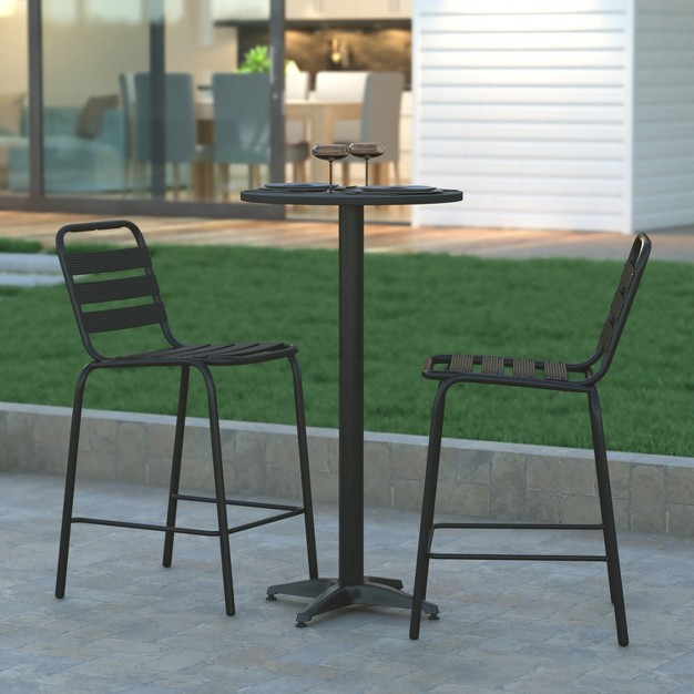 Emma And Oliver Metal Dining Stool With Triple Slatted Back For Indoor And Outdoor Use