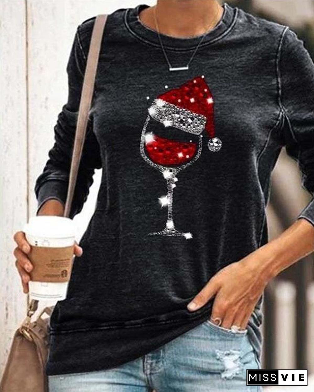 Casual Christmas Wine Glass Print T-shirts