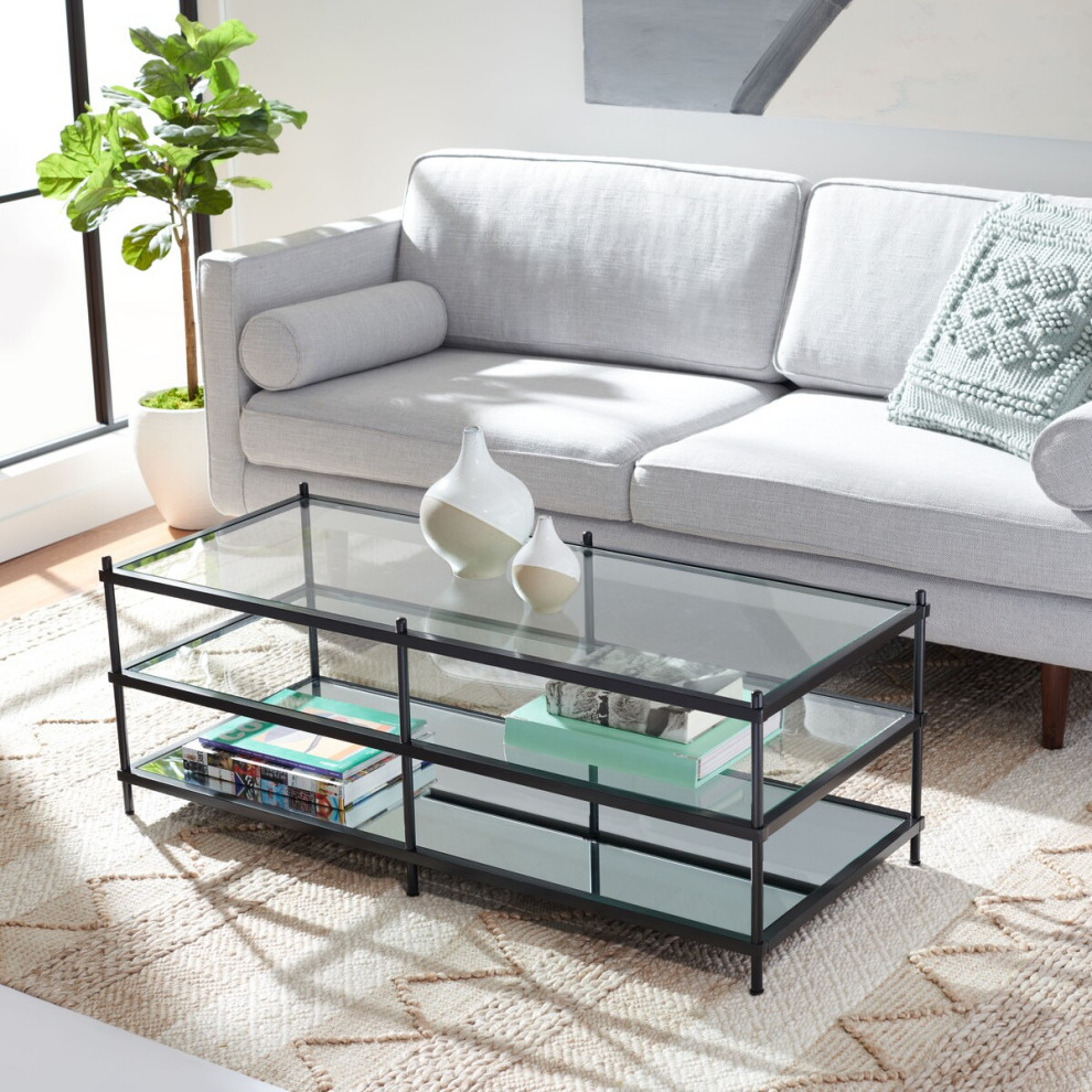 Tabby Glass And Mirror Coffee Table Matte Black   Transitional   Coffee Tables   by Peachtree Fine Furniture  Houzz