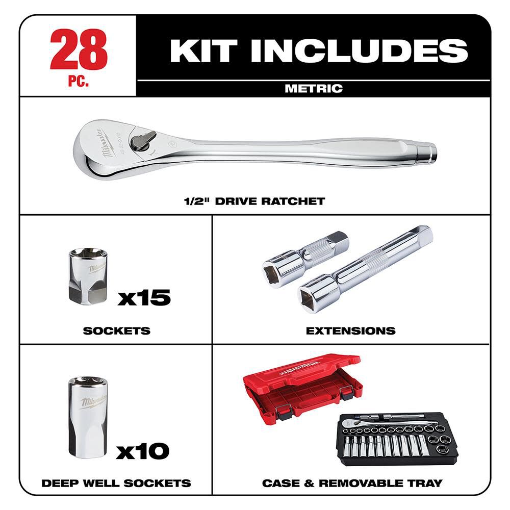 MW 28 pc. 1/2 in. Socket Wrench Set (Metric) 48-22-9510 from MW