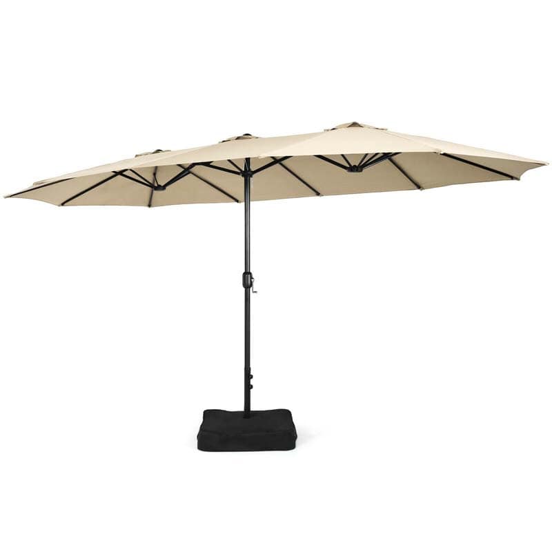 15FT Double-Sided Twin Patio Umbrella with Base & Crank System, Extra-Large Cantilever Market Umbrella