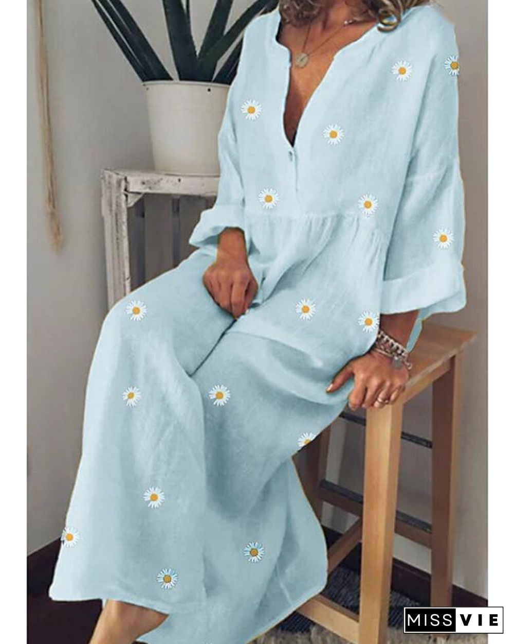 Women's A-Line Dress Maxi long Dress Long Sleeve Floral Floral Spring Summer Cotton Yellow Green Light Blue M L XL XXL 3XL 4XL 5XL