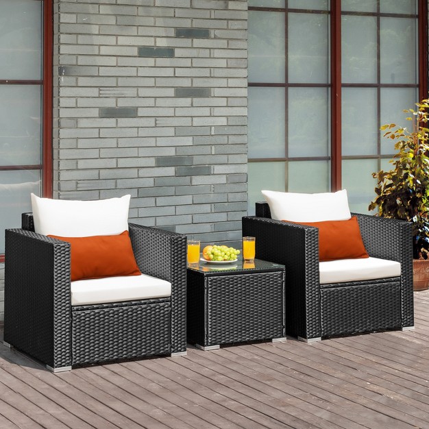 Tangkula 3pcs Patio Rattan Furniture Conversation Set With 2 Cushioned Sofas amp Coffee Table For Outdoor