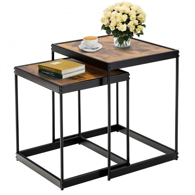 Set of 2 Modern Nesting Tables with Sturdy Steel Frame for Living Room Rustic Brown   20\