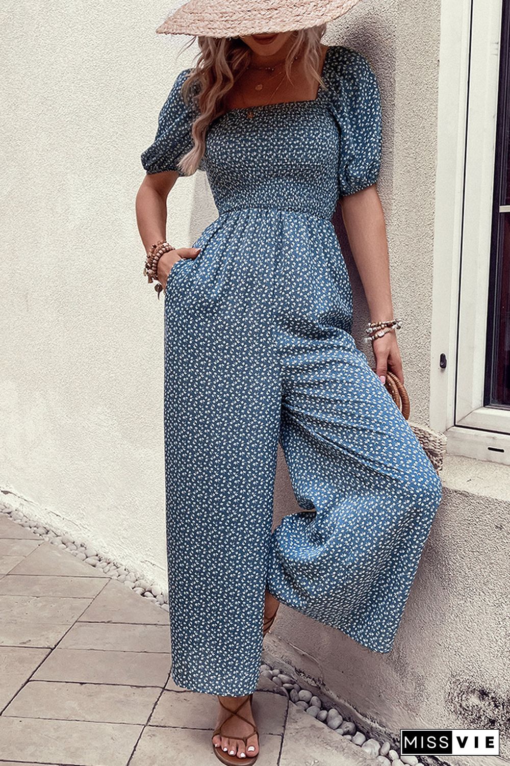 Printed Squared Neck Smocked Puff Wide Leg Jumpsuit