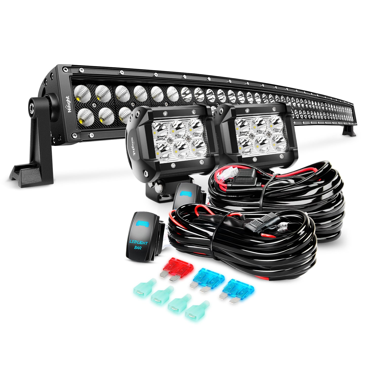 Nilight 42 Inch 240W Black Curved Work Light Spot Flood Combo LED Light Bar and 2PCS 4Inch 18W Spot LED Pods and Wiring Harness Kit for Rv Atv SUV Boat Jeep Lamp Off-road Lighting， 2 years Warranty