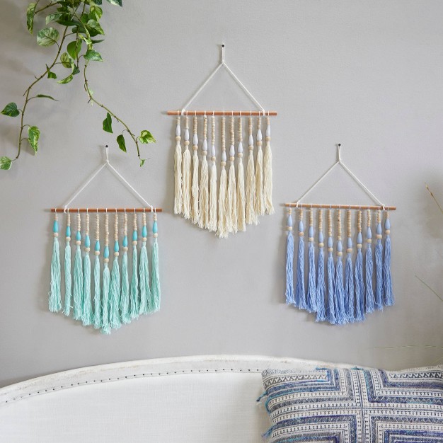 Set Of 3 Cotton Macrame Handmade Beaded Wall Decors With Fringe Tassels Olivia amp May