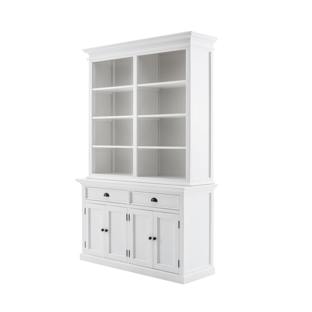 NovaSolo Halifax Coastal White Buffet Hutch Cabinet with 8 Shelves  Solid Mahogany Frame  57.09 x 19.69 x 86.61