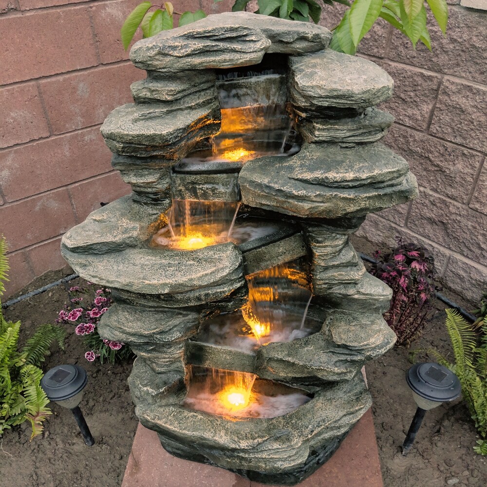 Stacked Shale Outdoor Water Fountain Backyard Feature w/ LEDs   38\