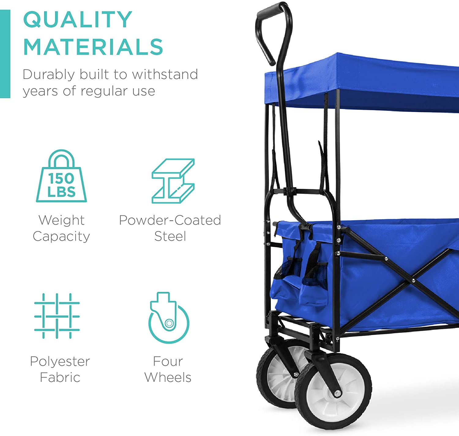 Folding Utility Cargo Wagon Cart with Removable Canopy, Cup Holders, Blue