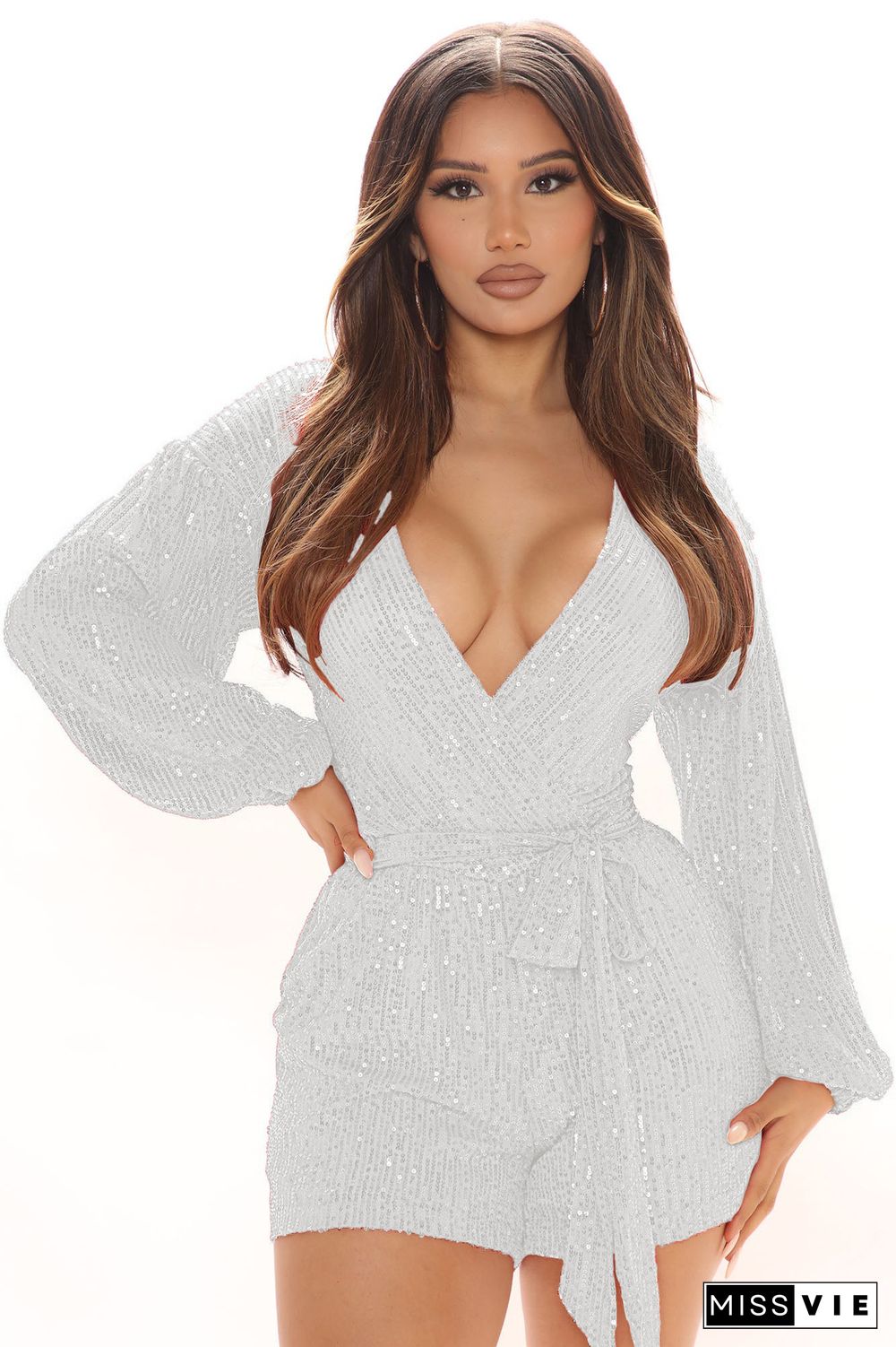 V-neck Sequined Lantern Sleeve Nightclub Romper