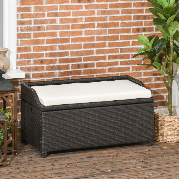 Outsunny Storage Bench Rattan Wicker Garden Deck Box Bin With Interior Waterproof Bag And Comfy Cushion Cream White