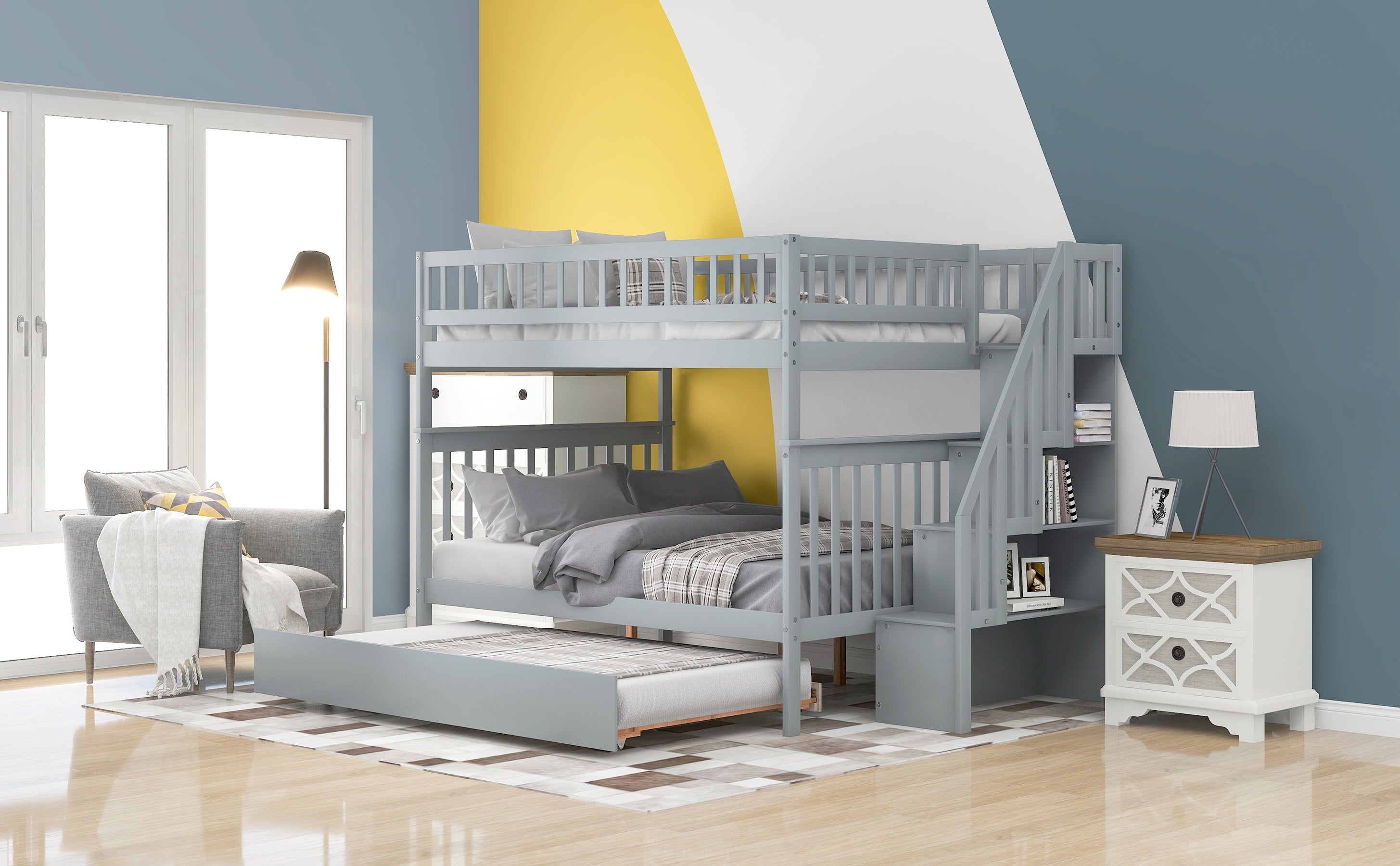 Euroco Full over Full Bunk Bed with Trundle and Storage Shelves for Kids, Gray