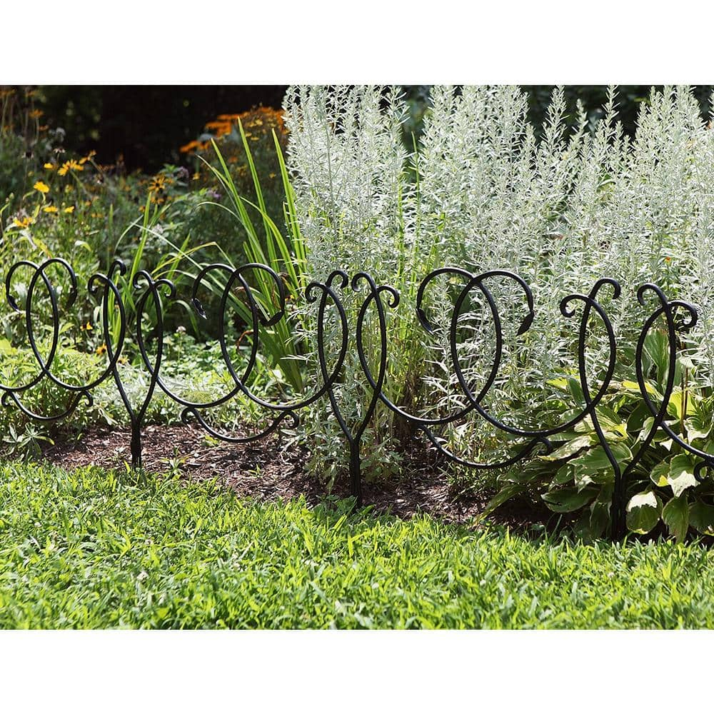 ACHLA DESIGNS 22 in. Tall Black Powder Coated Iron Scroll Border Garden Fence Section (4-Pack) DFS-02-4