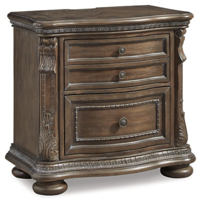 Signature Design by Ashley Charmond Ornate 3 Drawer Nightstand with 2 Felt-Lined Accessory Drawers, 2 AC Power Outlets & 2 USB Charging Stations, Dark Brown Oak Finish