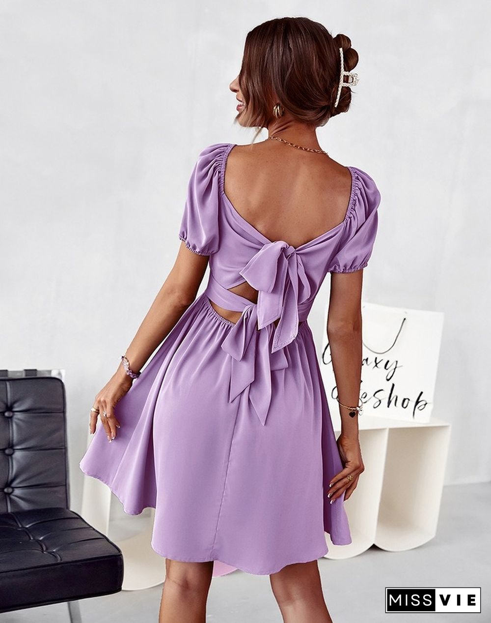 Women Summer Dress Sexy Backless Lace-up Elegant Dress New Square Neck Short Puff Sleeve Waist Romantic Mini Dress Women's