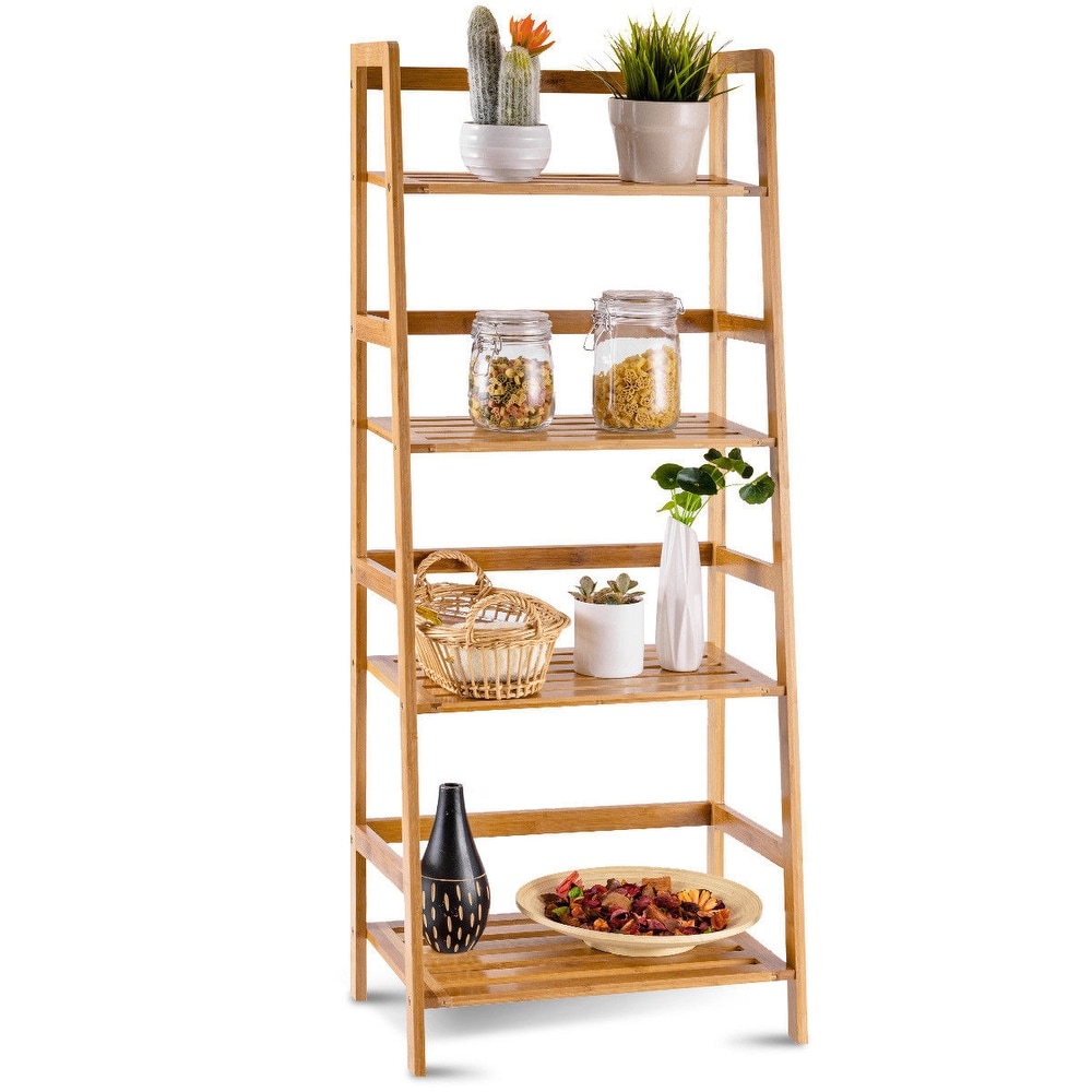 Costway Multifunctional 4 Shelf Bamboo Bookcase Ladder Plant Flower   19''x12.5''x47.5''