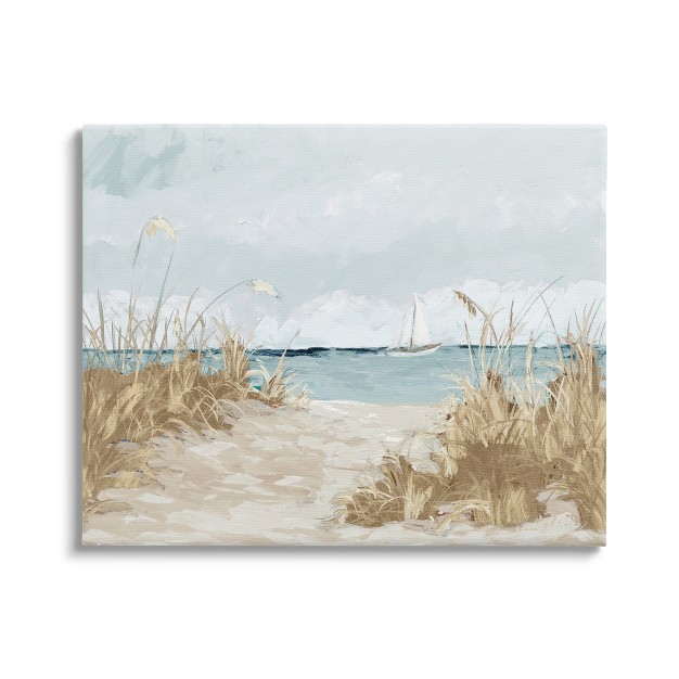 Stupell Industries Sandy Beach Walkway Distant Sailboats Floating Sea Canvas Wall Art