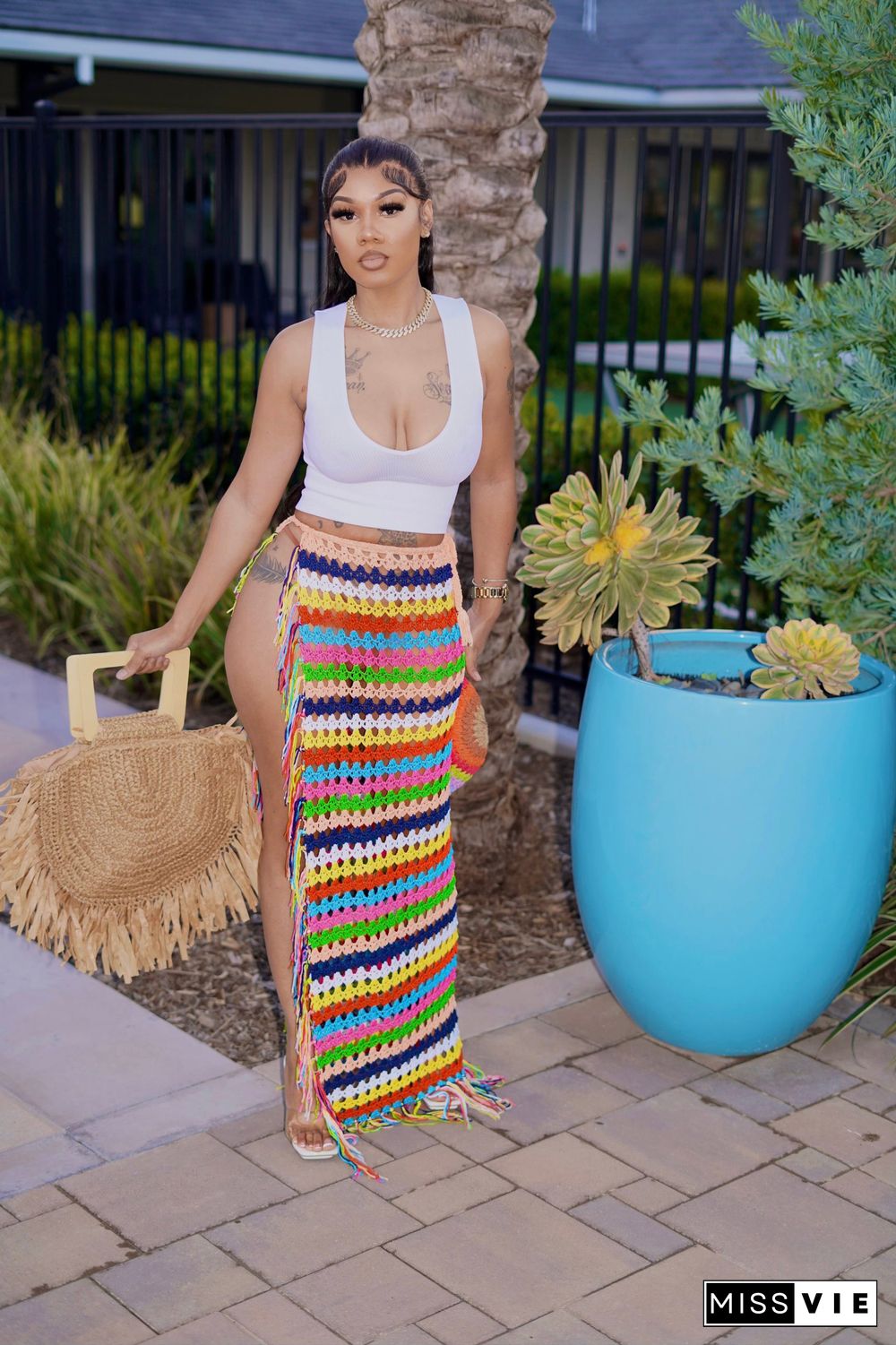 Rainbow Crochet Knitted Tassel Beach Cover Up Skirt