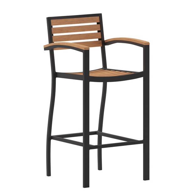 Emma And Oliver All weather Bar Height Dining Stool With Armrests Polyresin Slats And Aluminum Frame