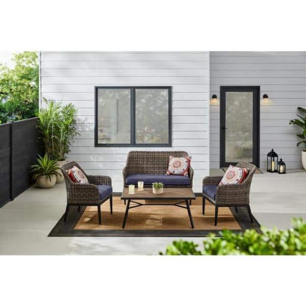 StyleWell Clovermill 4-Piece Steel Outdoor Patio Conversation Set with Olefin Solid Twilight Blue Cushions GC-51200-SRP-WH