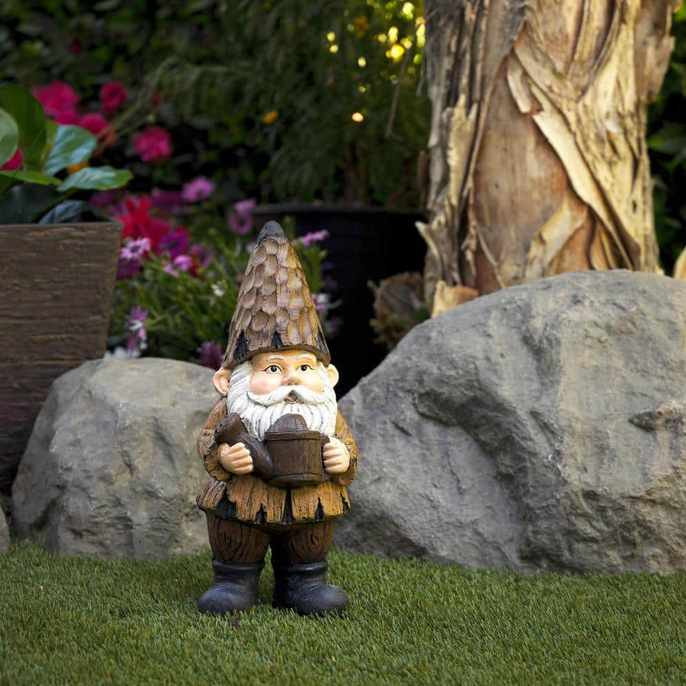 Alpine Corporation 16 in. H Indoor/Outdoor Garden Gnome with Watering Can Statue, Brown YEN576HH