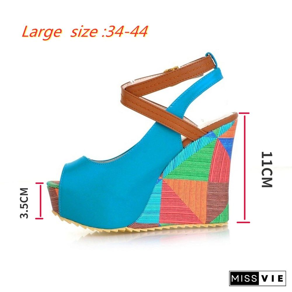 Women's High-heeled Sandals Boho Wedge Mixed Color Peep Toe High Heels Beach Shoes Drees Shoes Ankle Tie Muller Shoes New