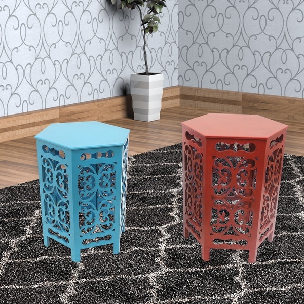 2 Piece Hexagonal Wooden Side Table with Cut Out Details， Red and Blue