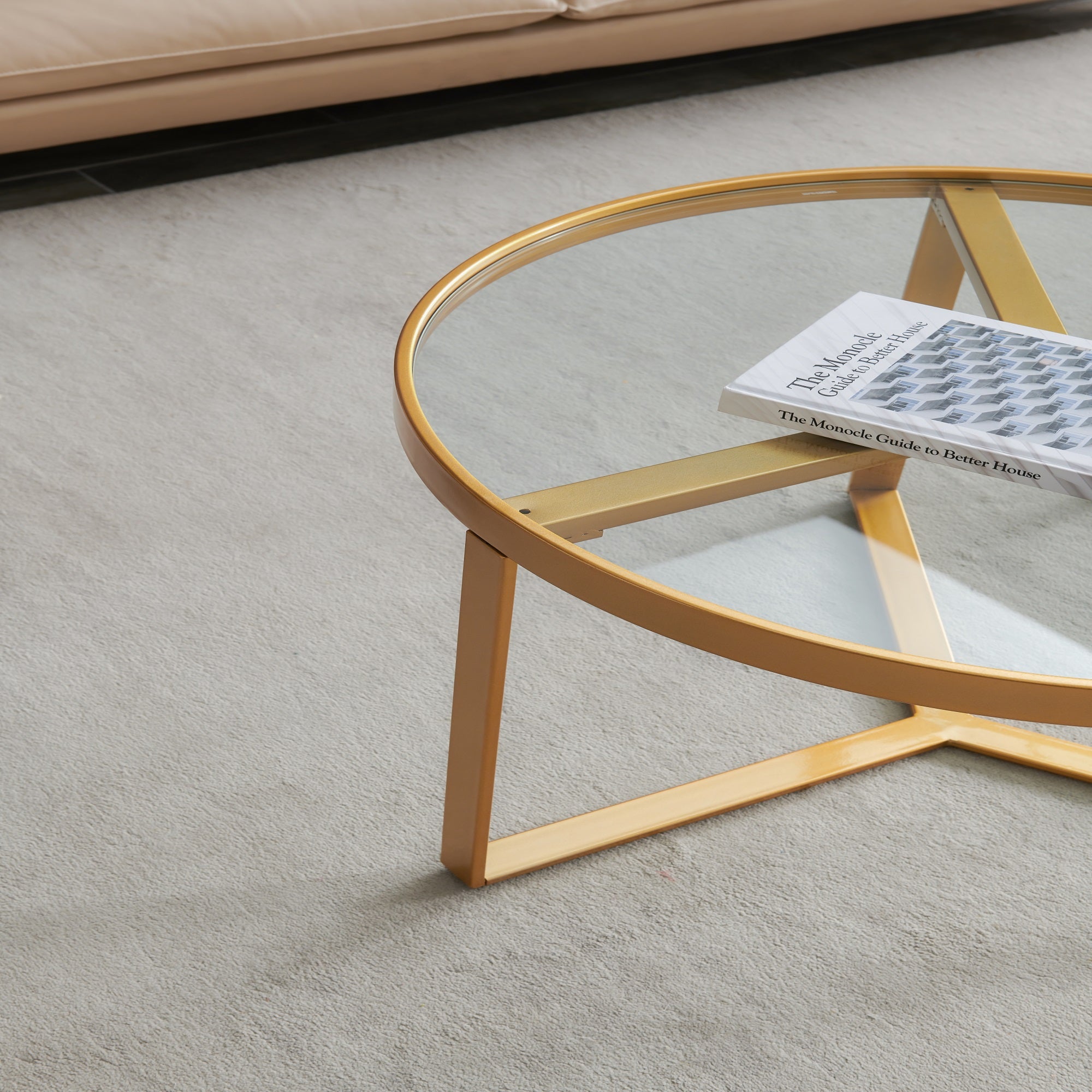 CoSoTower Modern Coffee Table, Golden Metal Frame With Round Tempered Glass Tabletop