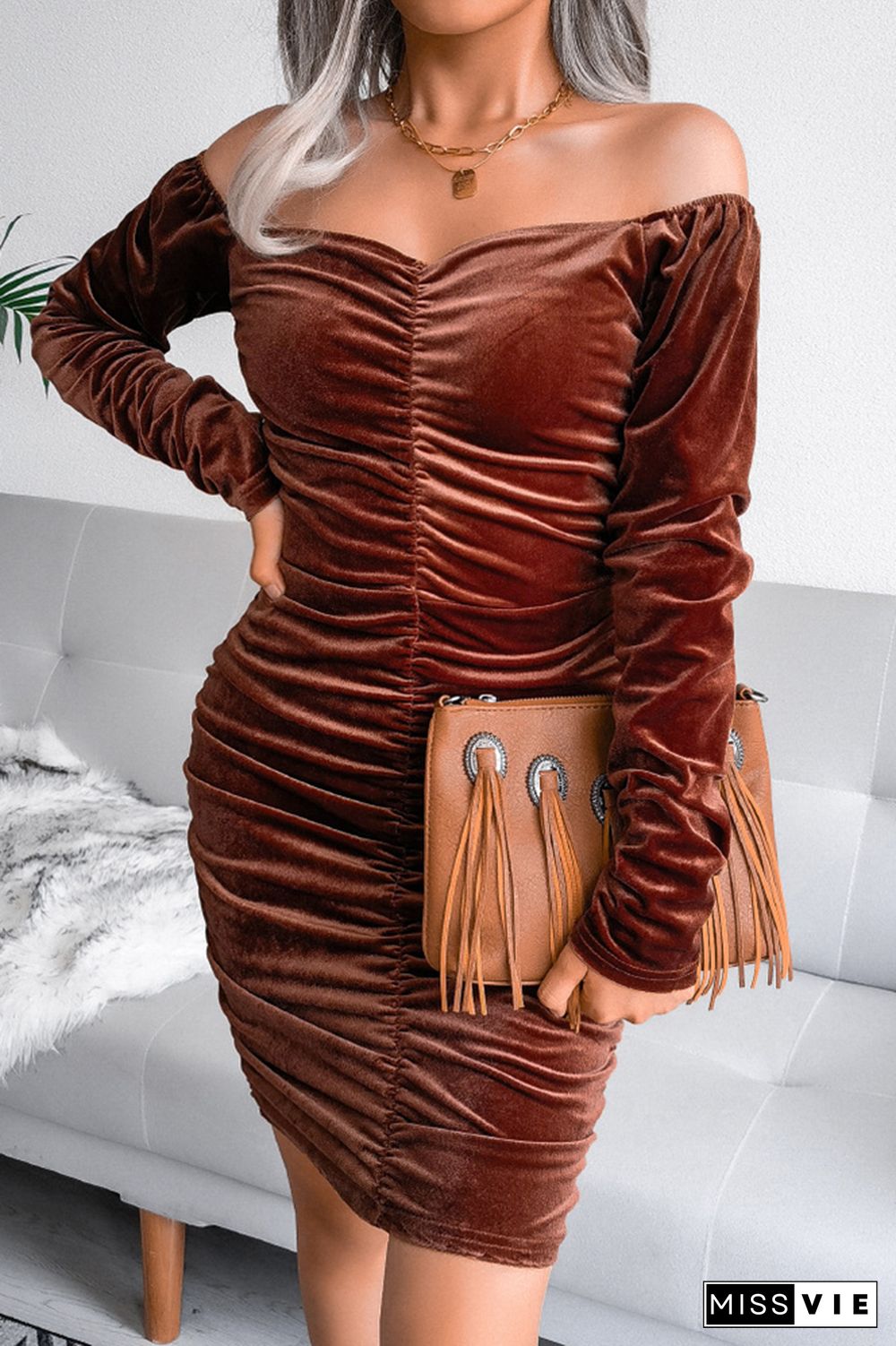 Open Bust Ruched Velvet Bodycon Dress