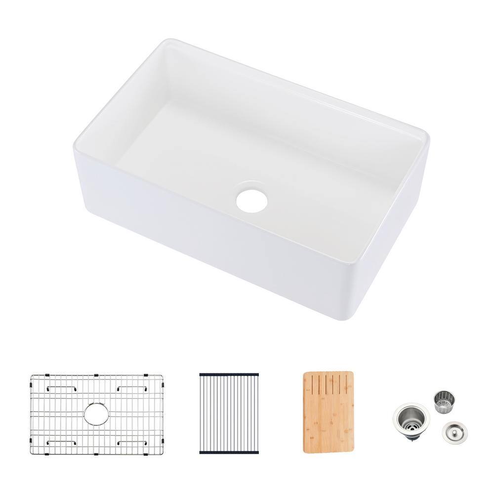 Maincraft White Fireclay 33 in. Single Bowl Farmhouse Apron Workstation Kitchen Sink with Bottom Grid HK12-2567038