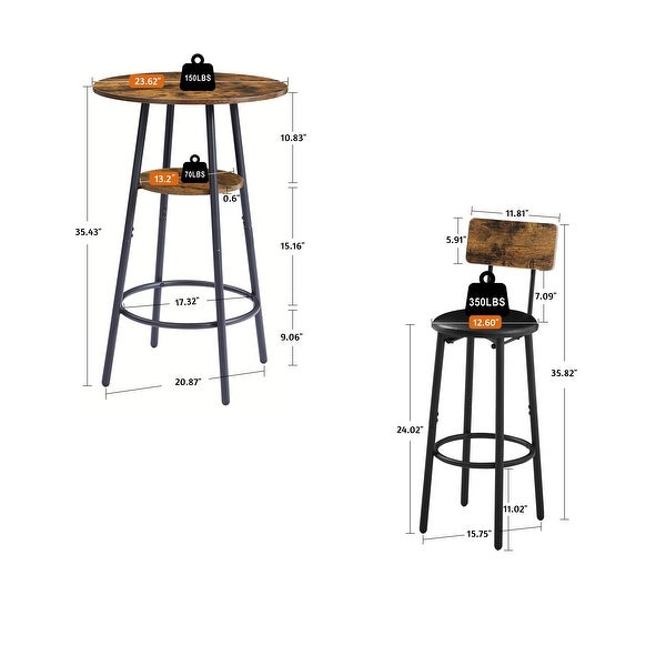 3PC Multifunctional Bar Set Double Layer Round Bar Table with 2 Bar Stools