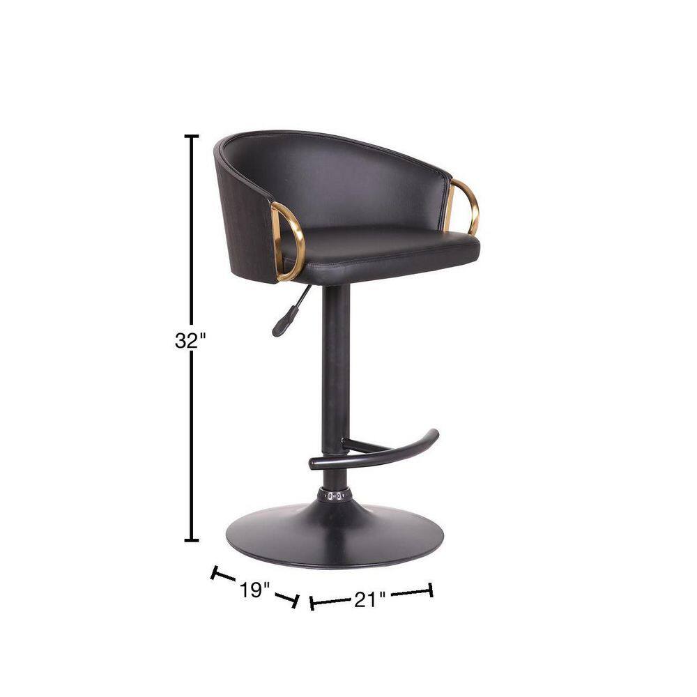 Armen Living Solstice Adjustable Black Faux Leather Swivel Barrstool With Black Powder Coated Finish and Gold Accents LCSCBABLBL