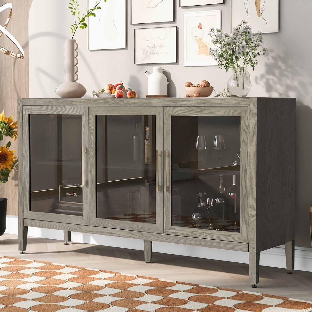 Wooden Storage Cabinet with 3 Tempered Glass Doors and Adjustable Shelf and Legs   58.2\