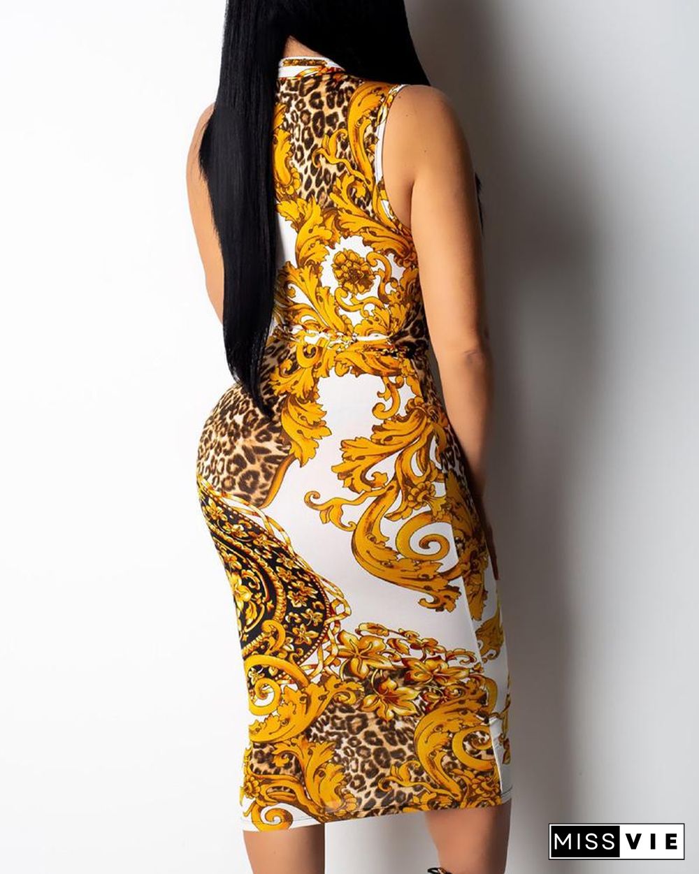 Ethnic Print Zipper Design Midi Dress