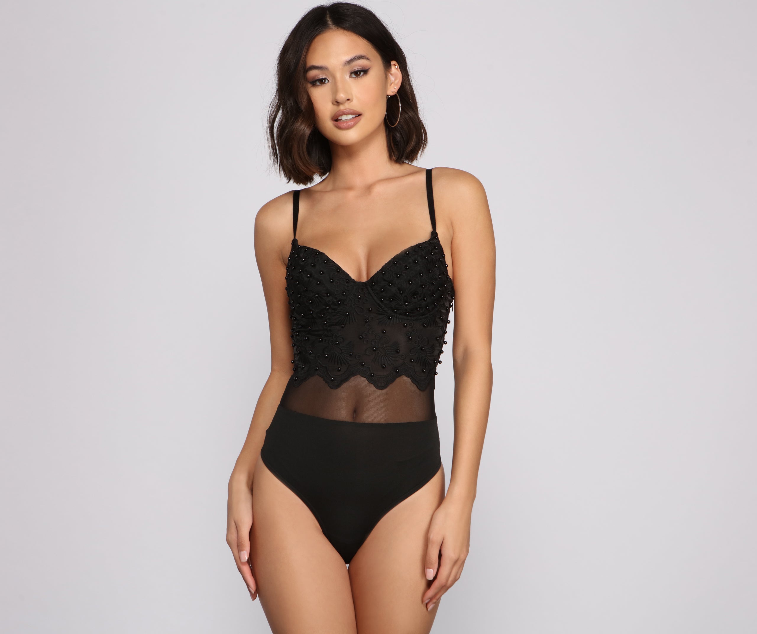 So Luxe Scalloped Lace and Pearl Mesh Bodysuit