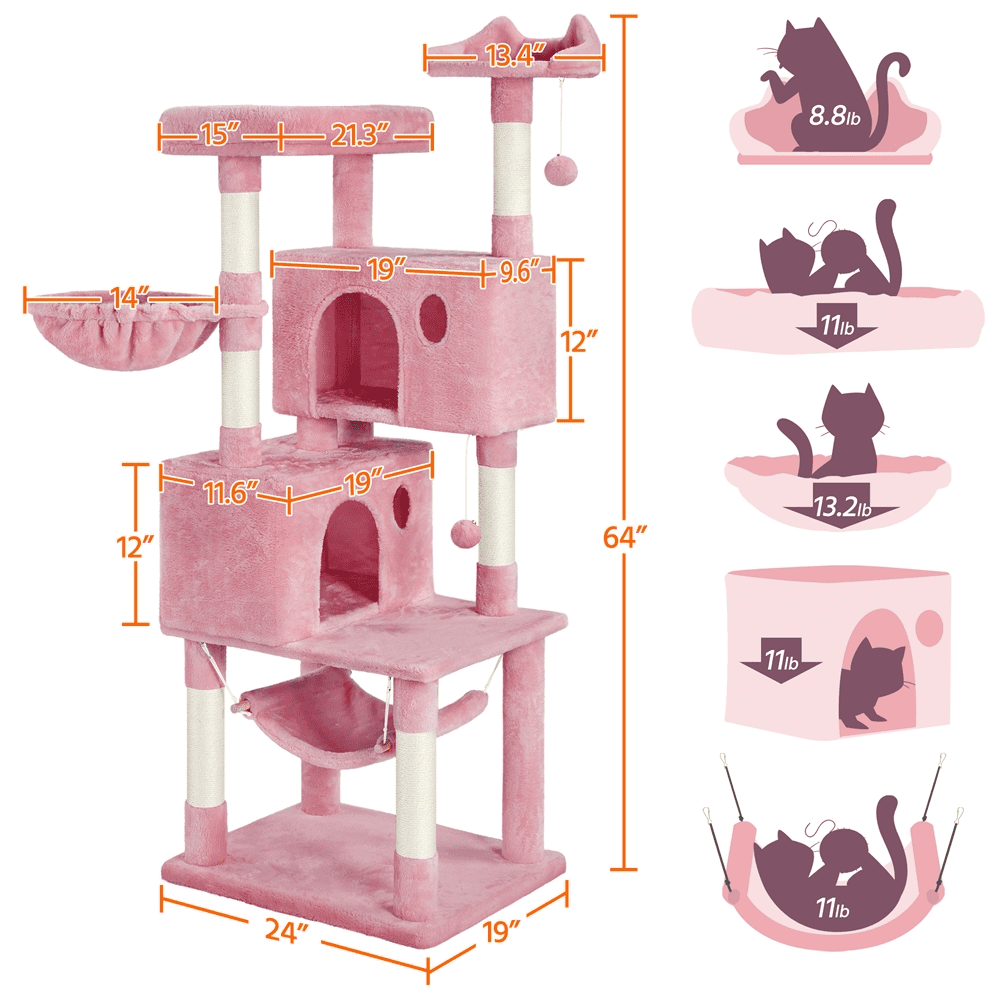 Easyfashion 64'' Multi-level Cat Tree Cat Tower with Condos and Scratching Posts， Pink