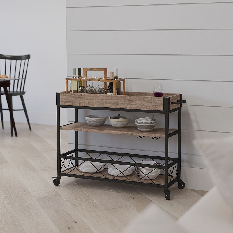 Merrick Lane Brookville Rolling Kitchen Serving and Bar Cart with Shelves and Wine Glass Holders in Distressed Light Oak Wood and Black Iron