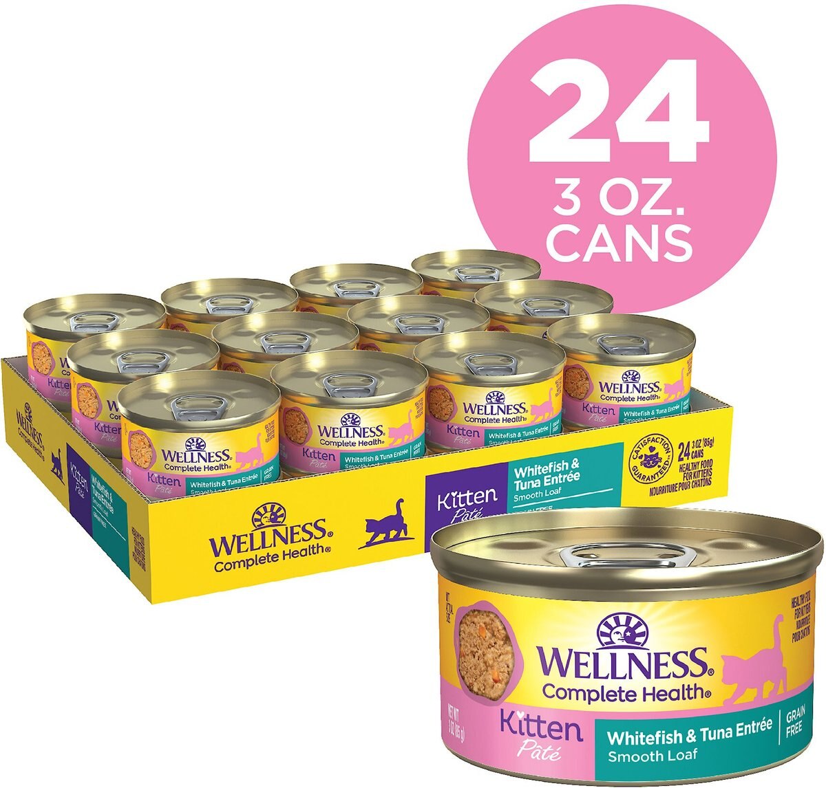 Wellness Complete Health Kitten Whitefish and Tuna Formula Grain-Free Canned Cat Food， case of 24