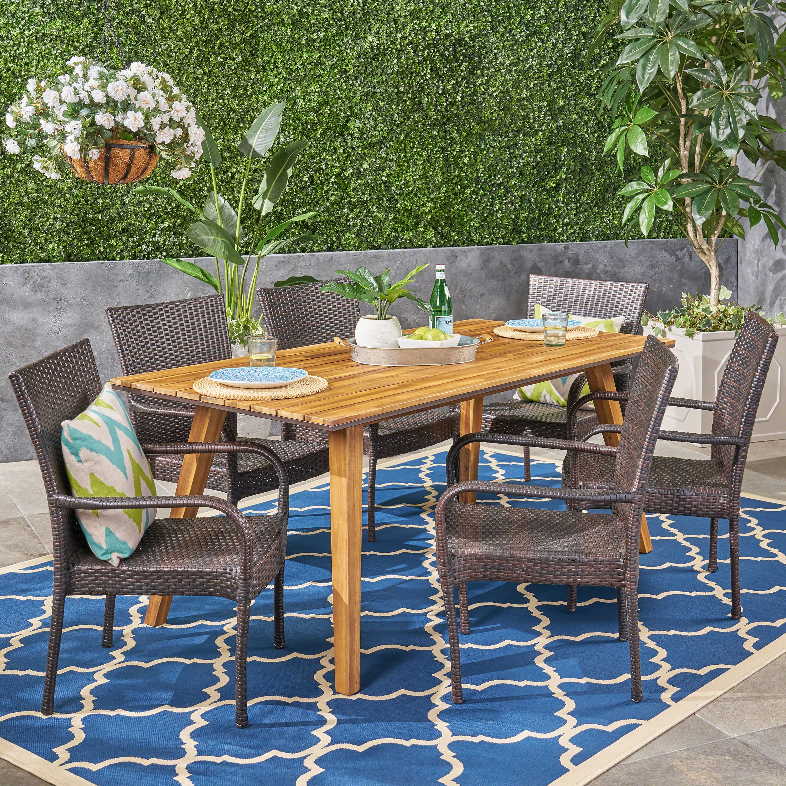 Lilith Outdoor 7 Piece Acacia Wood Dining Set with Stacking Wicker Chairs, Teak and Gray