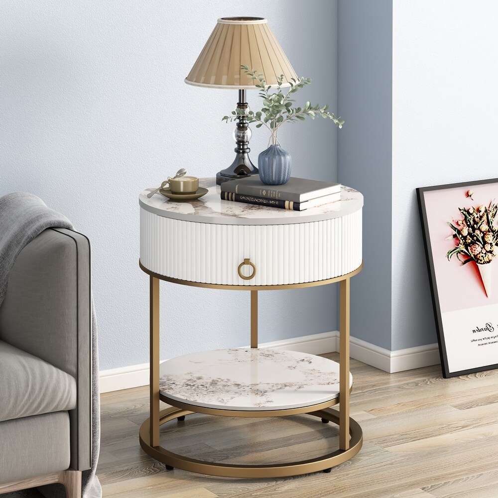 Myhozm Round End Table with Storage  Modern Bedside Furniture for Bedroom  Living Room