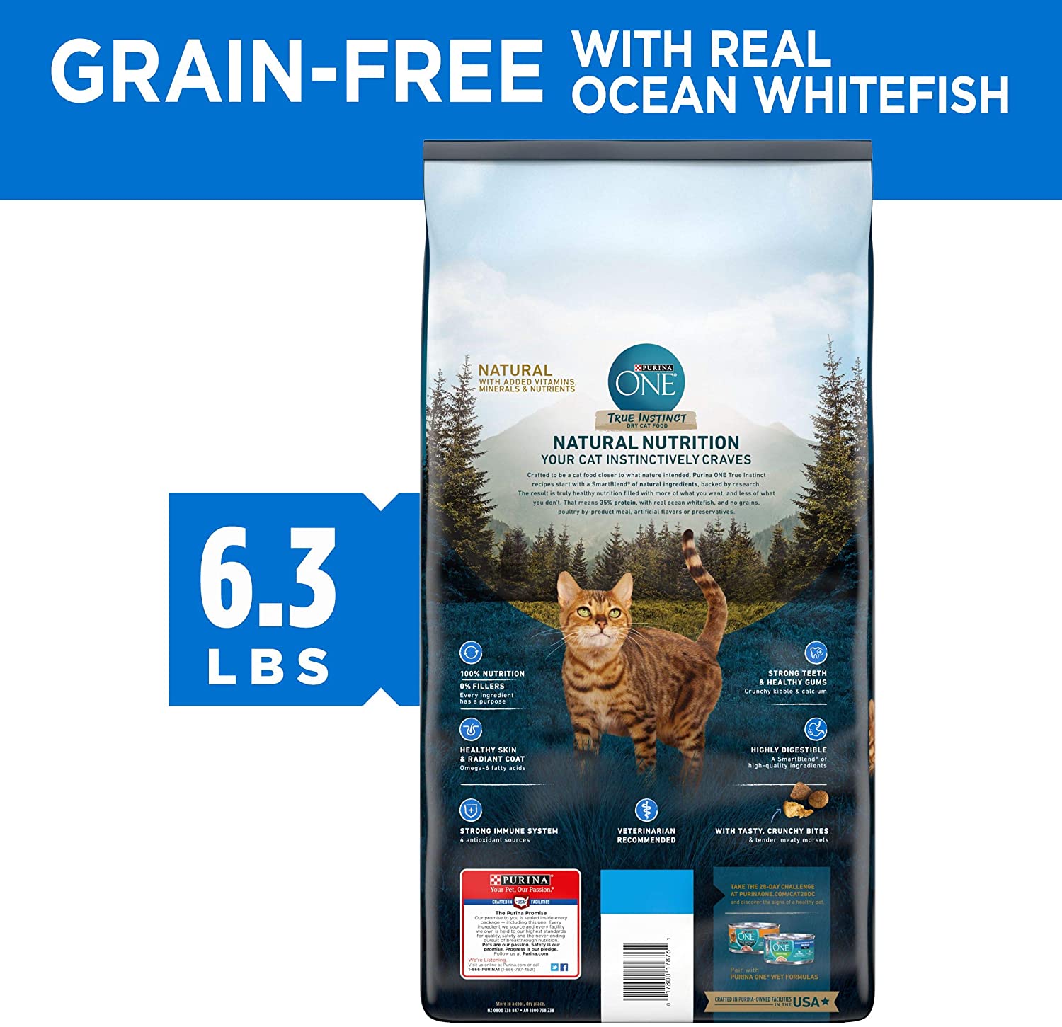 Purina ONE Grain Free Dry Cat Food Natural High Protein， True Instinct With Real Ocean Whitefish 6.3 lb. Bag