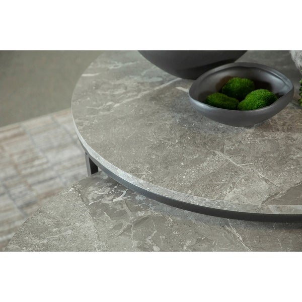 Round Faux Marble End Table with Metal Base in Grey and Gunmetal