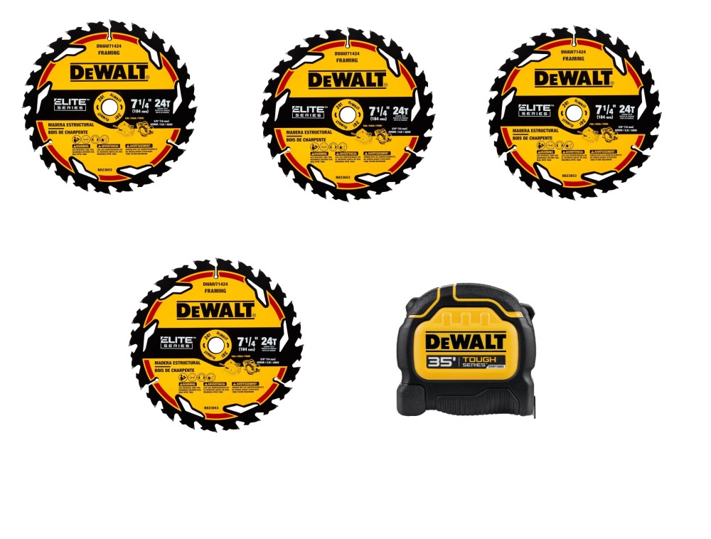 DEWALT Elite Series Circular Saw Blade 4pk Bundle with BONUS ToughSeries Tape Measure 35'