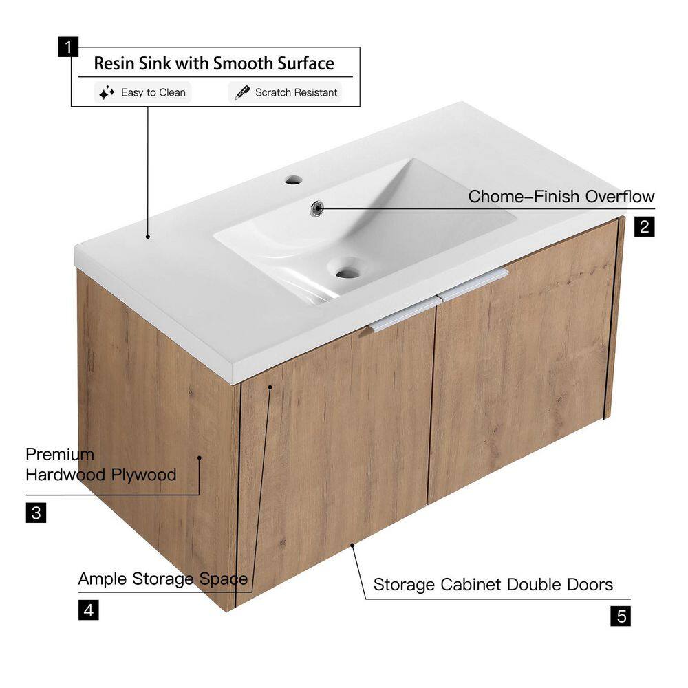 UPIKER Modern 30 in. W X 18 in. D x 20 in. H Bath Vanity in Imitative Oak with White Resin Vanity Top UP2208BCB30007