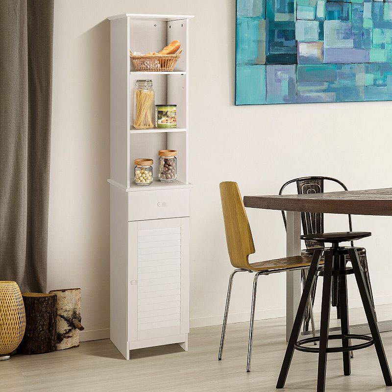 Bathroom Tall Freestanding Storage Cabinet with Open Shelves and Drawer-White