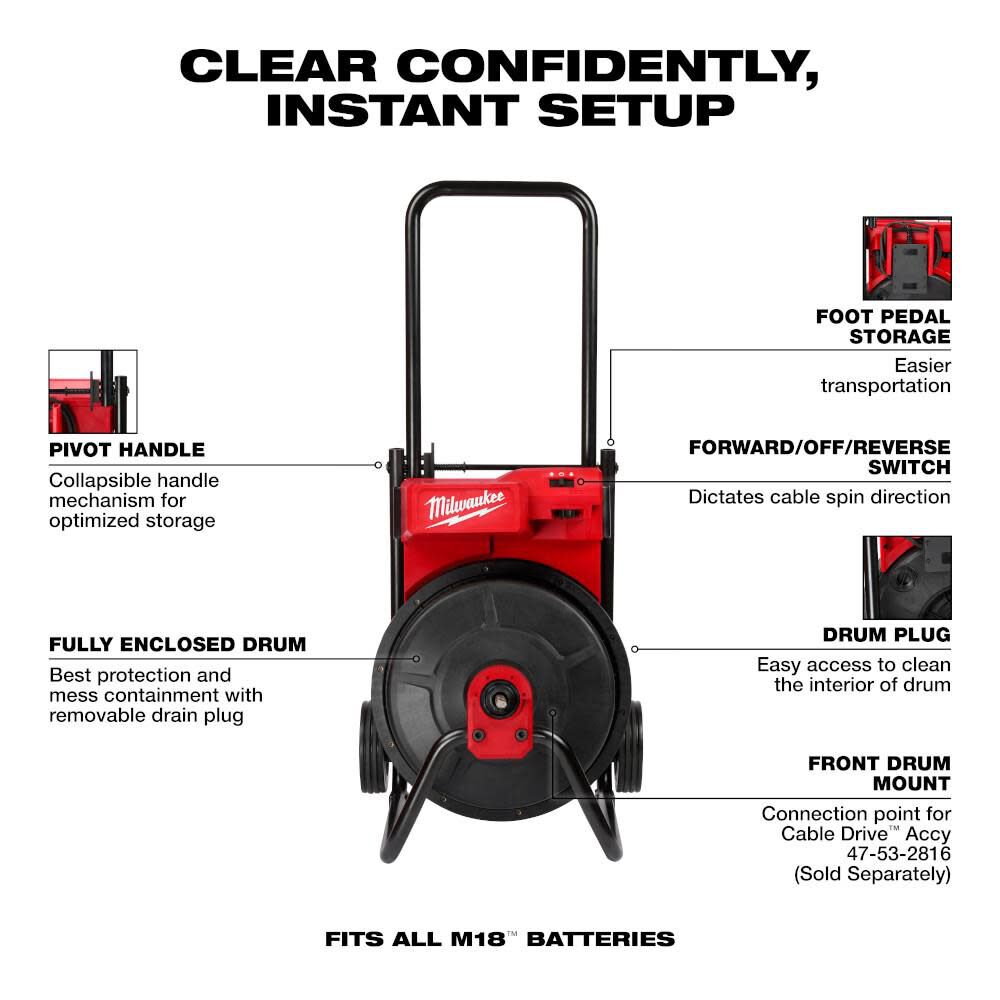 Milwaukee M18 Drum Machine for 3/8-1/2 Cable 2817A-21 from Milwaukee