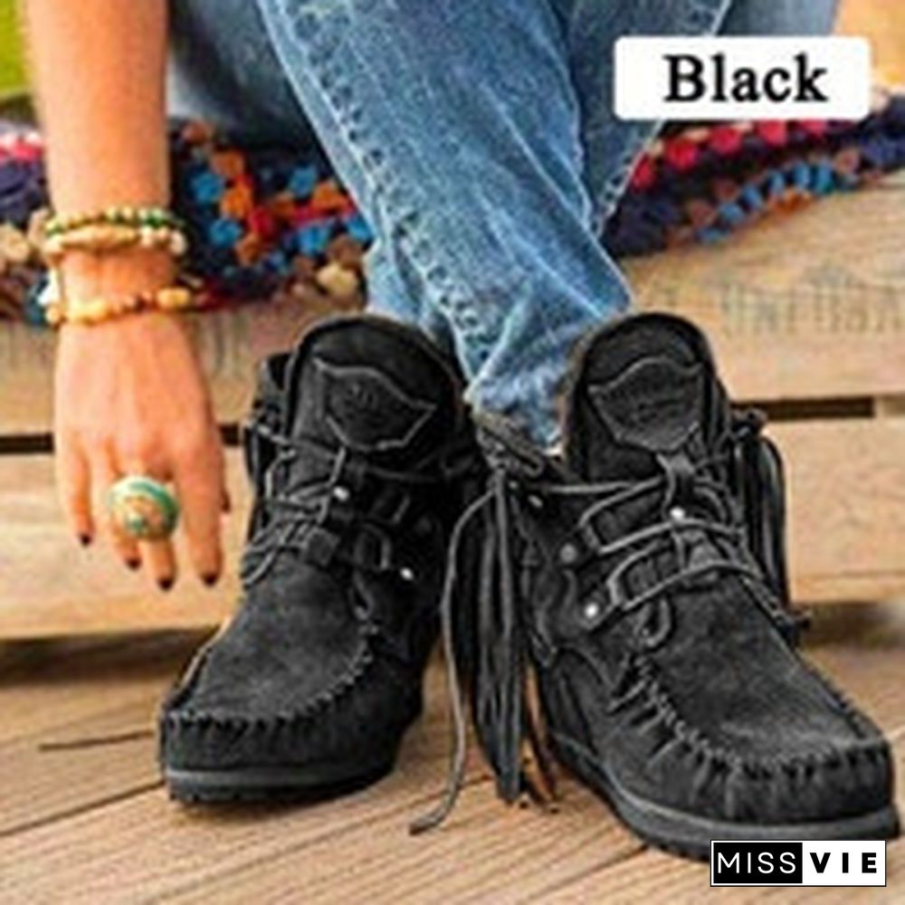 Women's Tassels Rivets Faux suede boots Moccasin Fringed  Faux Suede Boots